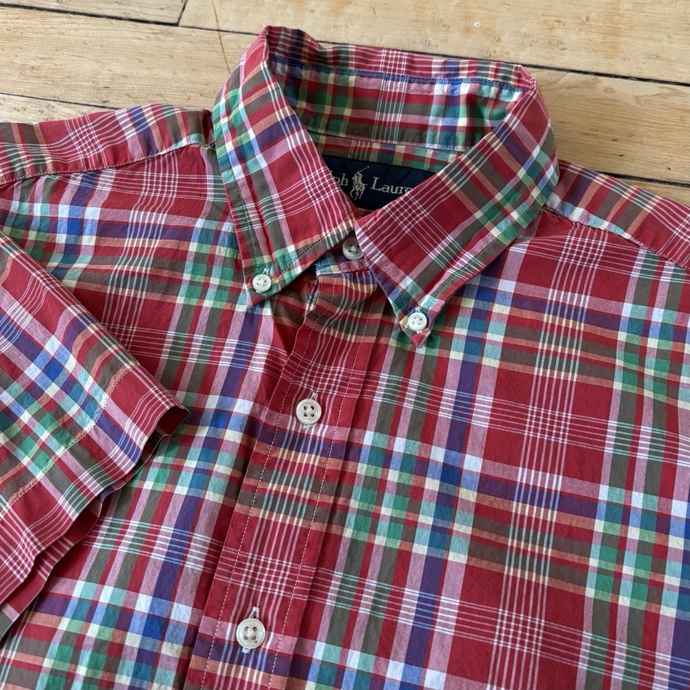 VTG Polo Ralph Lauren Short Sleeve Button Shirt Mens M Plaid Cotton Pony Preppy